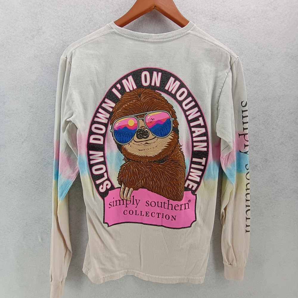 Simply Southern Womens Long Sleeve Sloth Mountain Time Tie Dye Shirt Small Good